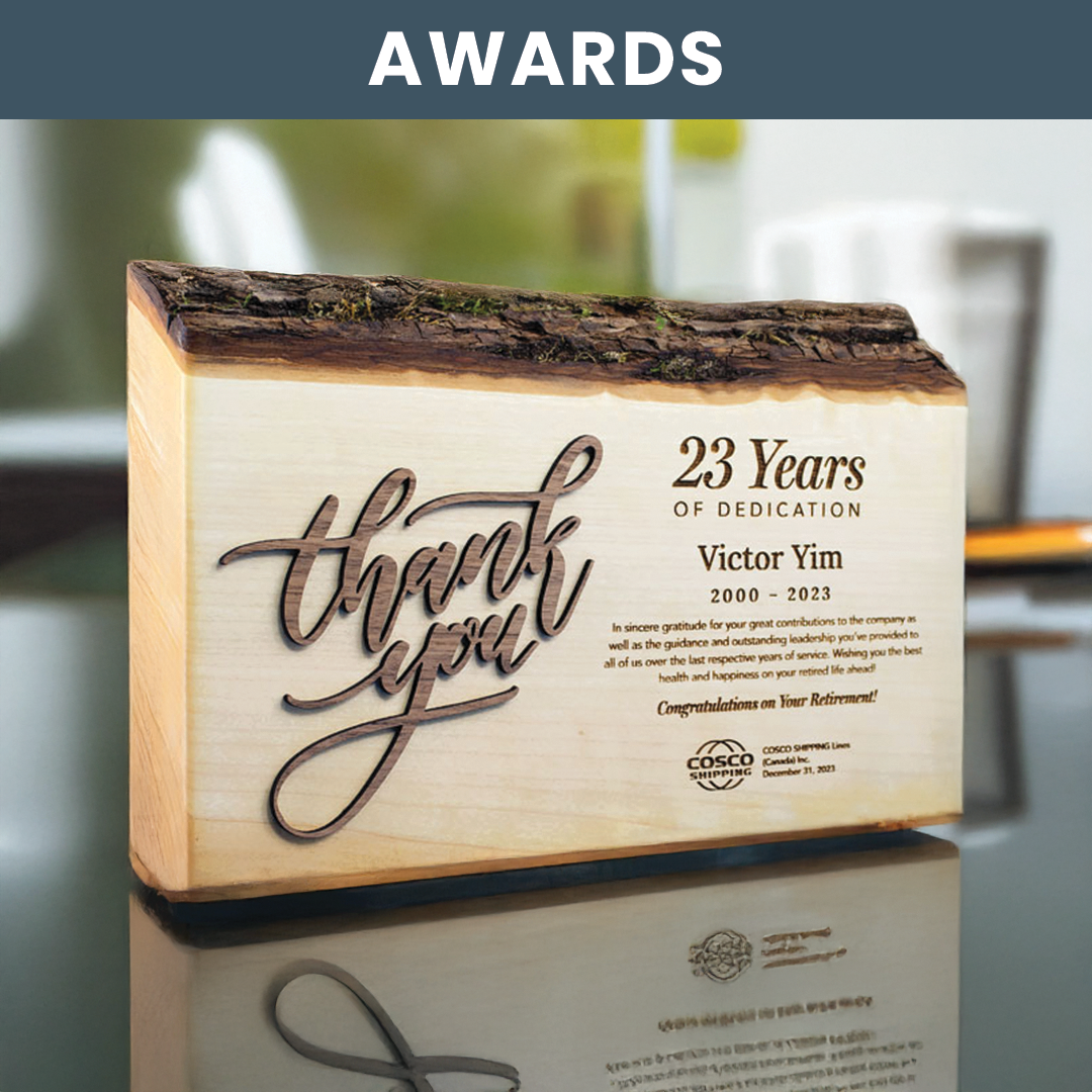 Lifestyle image of award plaque sitting on work conference table