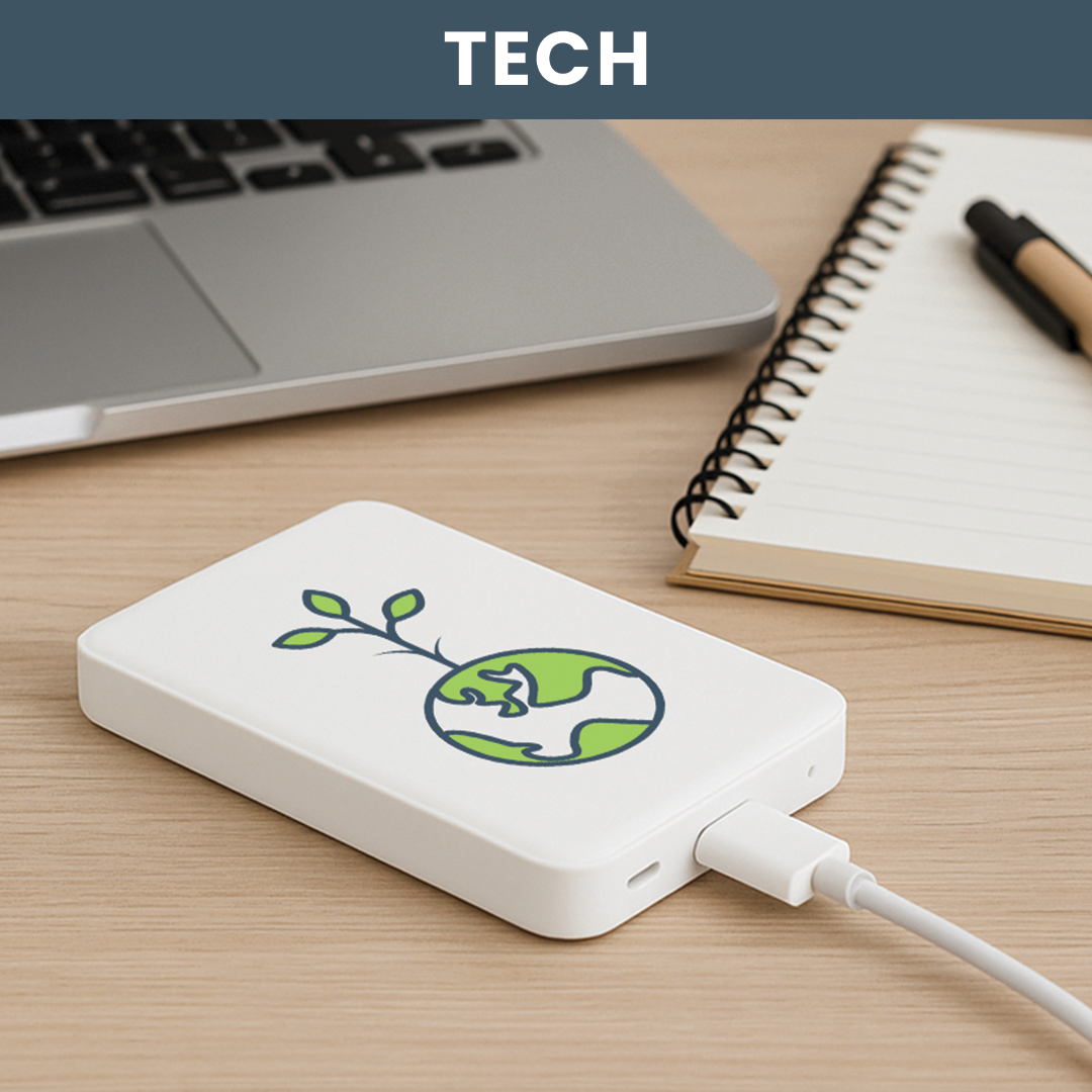 Lifestyle image of portable charger laying on desk