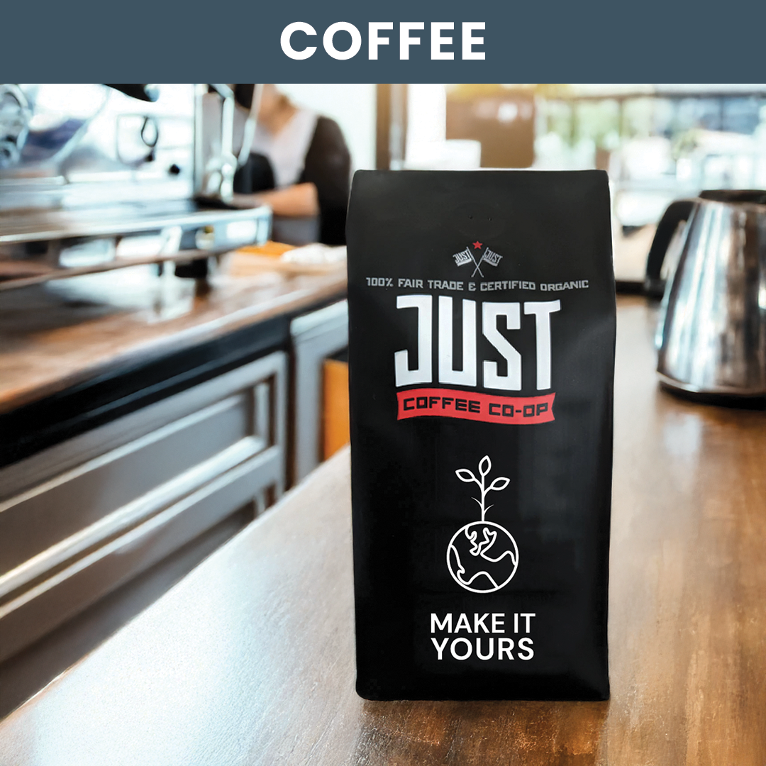 Lifestyle image of a bag of coffee beans in a coffee shop setting