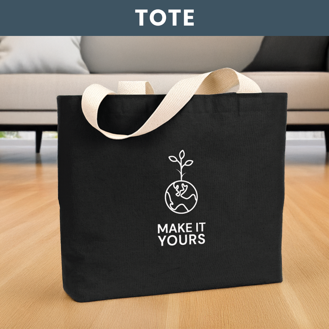 Lifestyle image of tote bag on wood floor in front of a couch